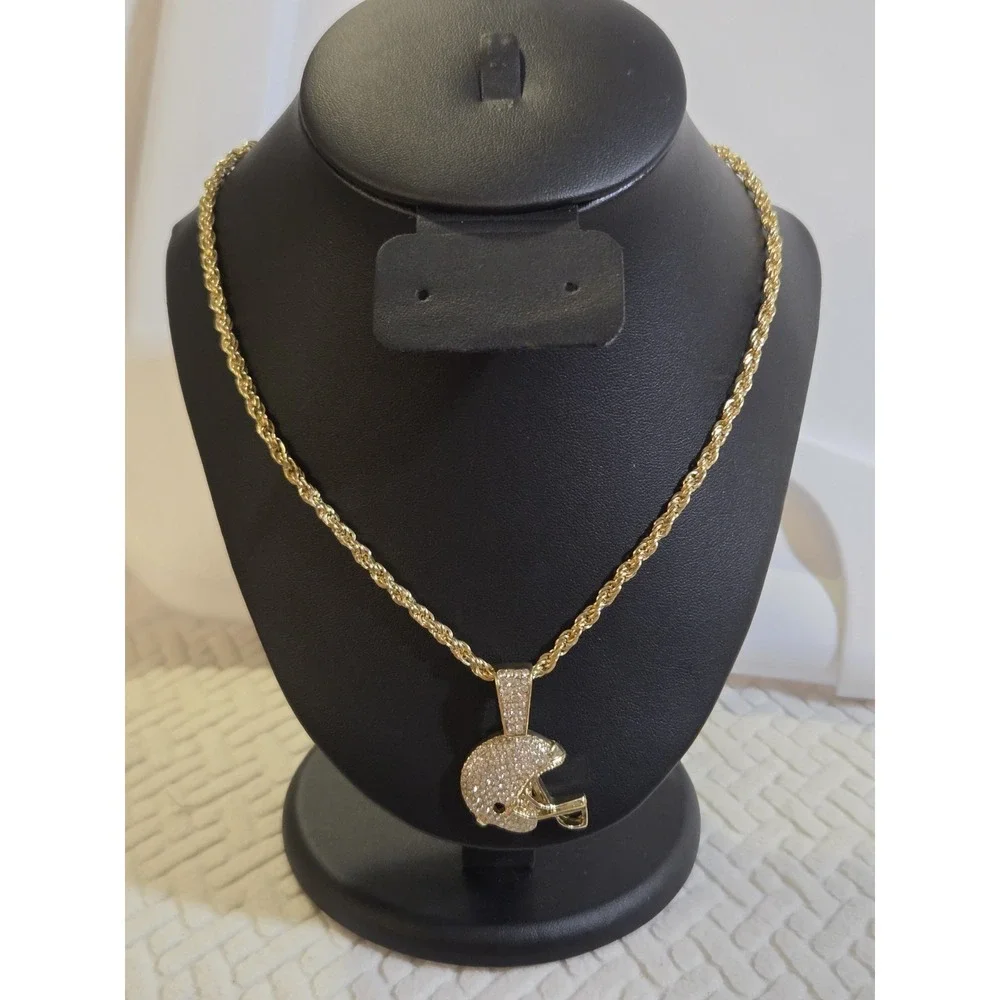 Iced Cz‎ 14k Gold Plated Football Player Helmet Pendant 24 Rope Chain Necklace